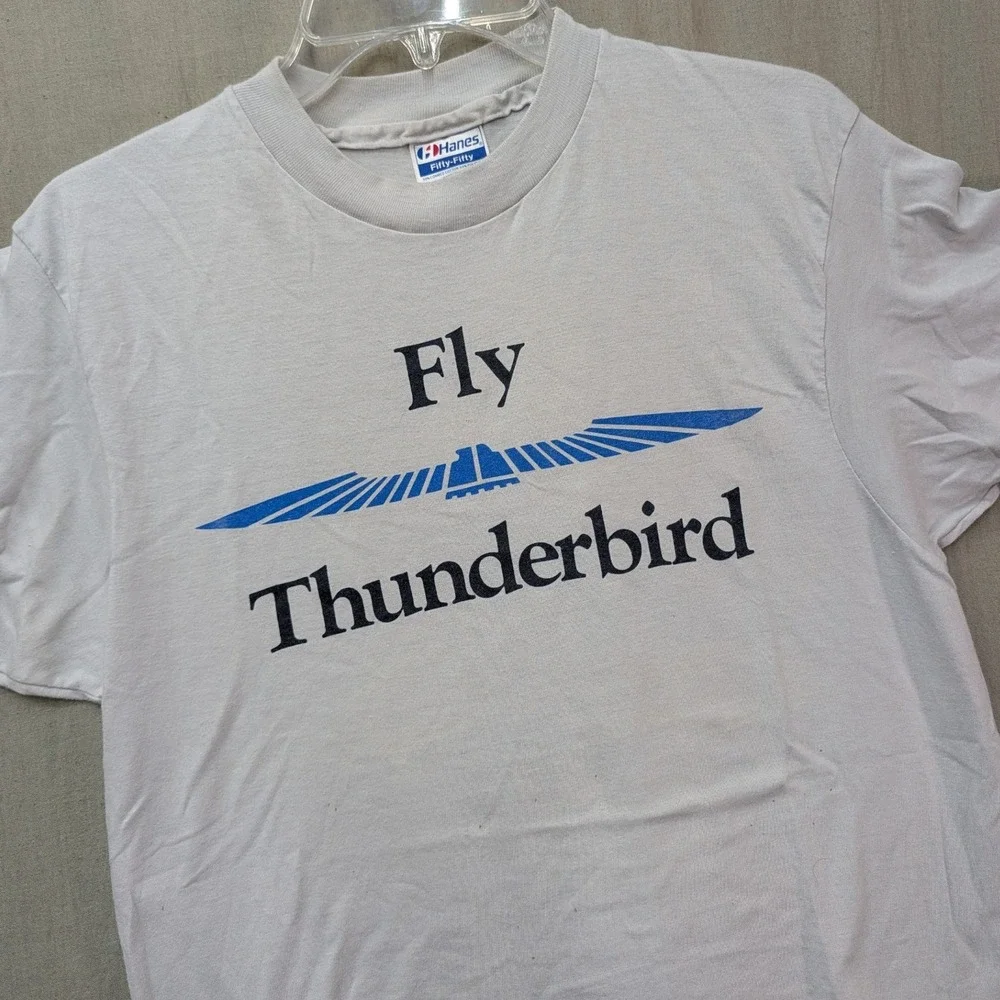 Vintage Hanes Fifty-Fifty Fly Thunderbird T-Shirt Gray Made in USA Large 42-44